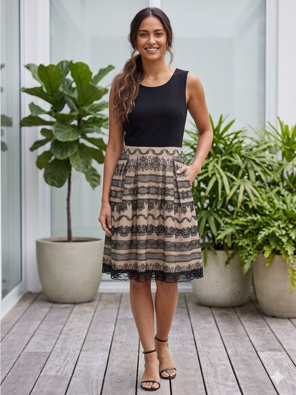 ELLE Dress Size 10 Black Tan Sleeveless Fit & Flare Lace Details